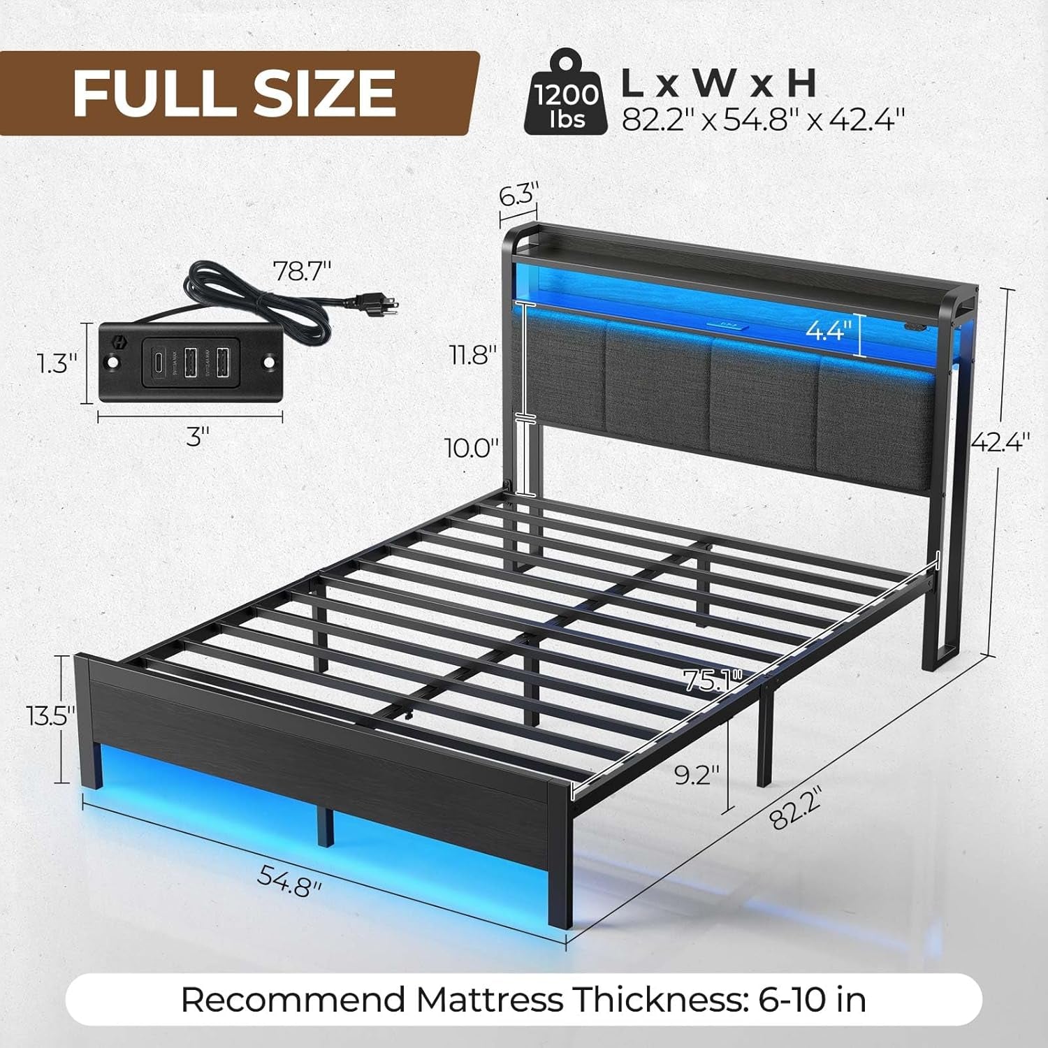 Bed Frame Full Size with Charging Station and LED Lights, Upholstered Headboard with Storage Shelves, Heavy Duty Metal Slats, No Box Spring Need, Noise Free, Easy Assembly, Dark Grey