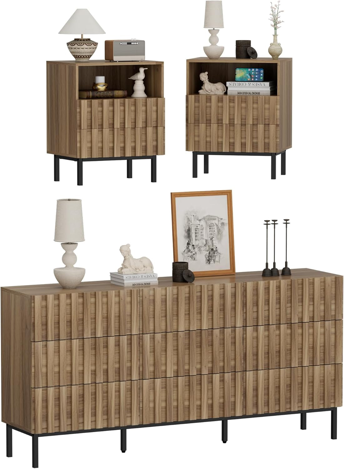 3PCS Dresser and Nightstand Sets for Bedroom, 59" Wide 9 Drawer Dresser & Nightstand Set of 2, Modern Fluted Solid Wood Closet Dressers, Bedroom Furniture Set (Natural Wood)