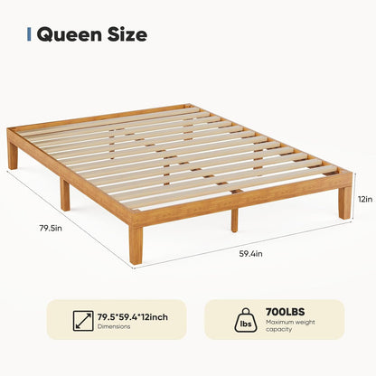 Solid Wood Bed Frame, Queen Size Bed Base with Wooden Slat Support, Sturdy, Stylish & Noise-Free Design, No Box Spring Needed, Easy Assembly, 12 in Natural Pine
