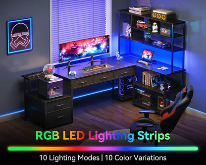 79 Inch L Shaped Desk with 5 Drawers, Reversible L Shaped Gaming Desk with LED Light & 2 Power Outlets, Computer Desk with Storage Shelves for Home Office, Black