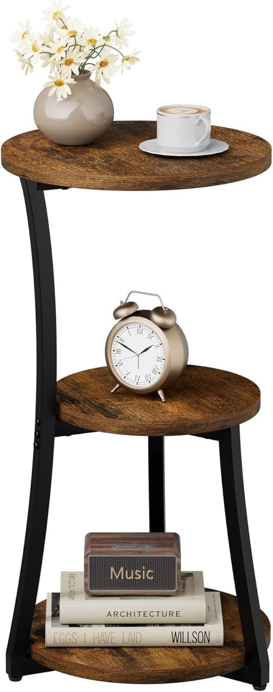 Small Side Table, 11.8" 3-Tier round End Table for Small Spaces, Vintage Accent Table for Living Room Sofa Couch Bedroom, Corner Nightstand Wood Metal Coffee Table with Storage Shelf, Rustic Brown