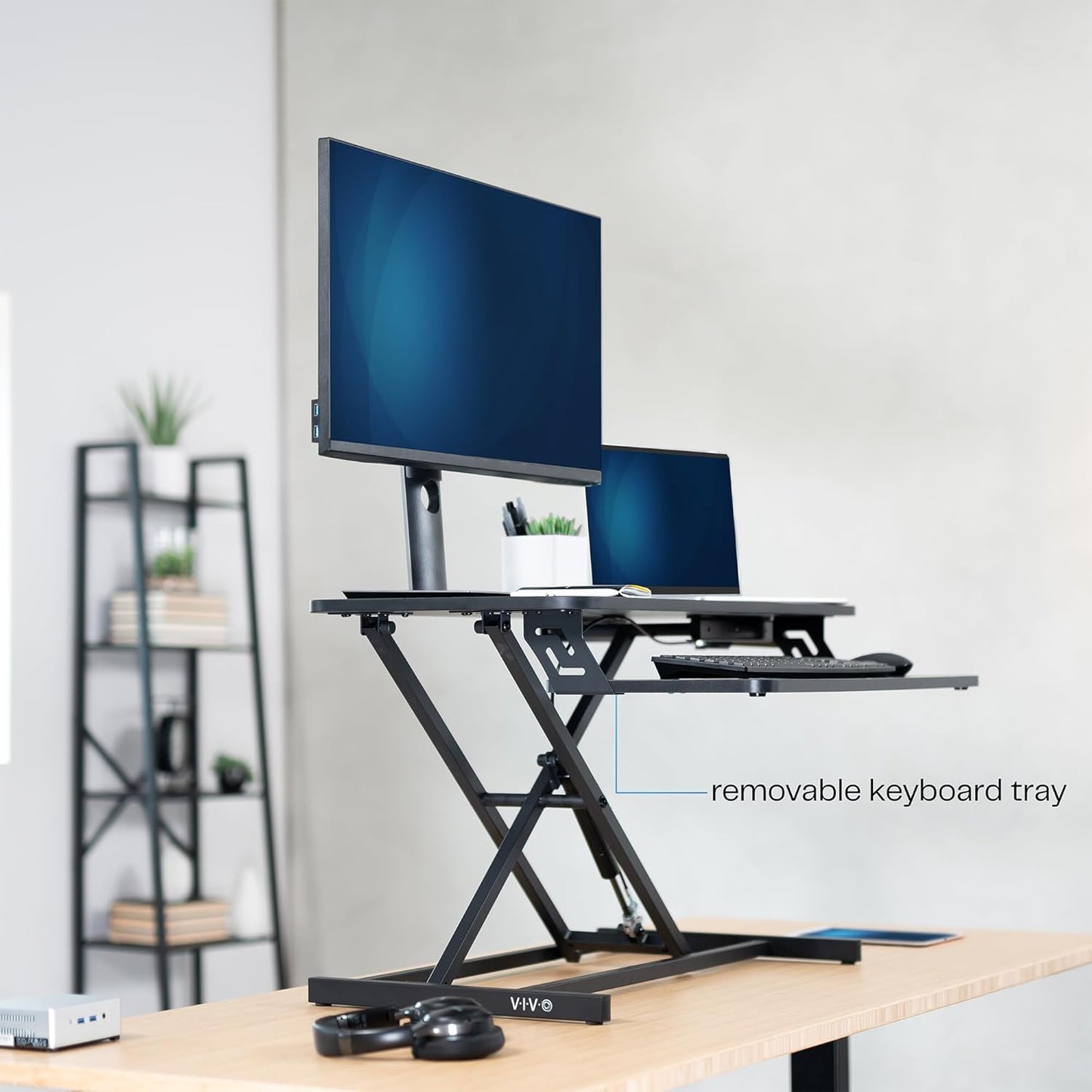Height Adjustable 32 Inch Stand up Desk Converter, Quick Sit to Stand Tabletop Dual Monitor Riser Workstation, Black, DESK-V000S