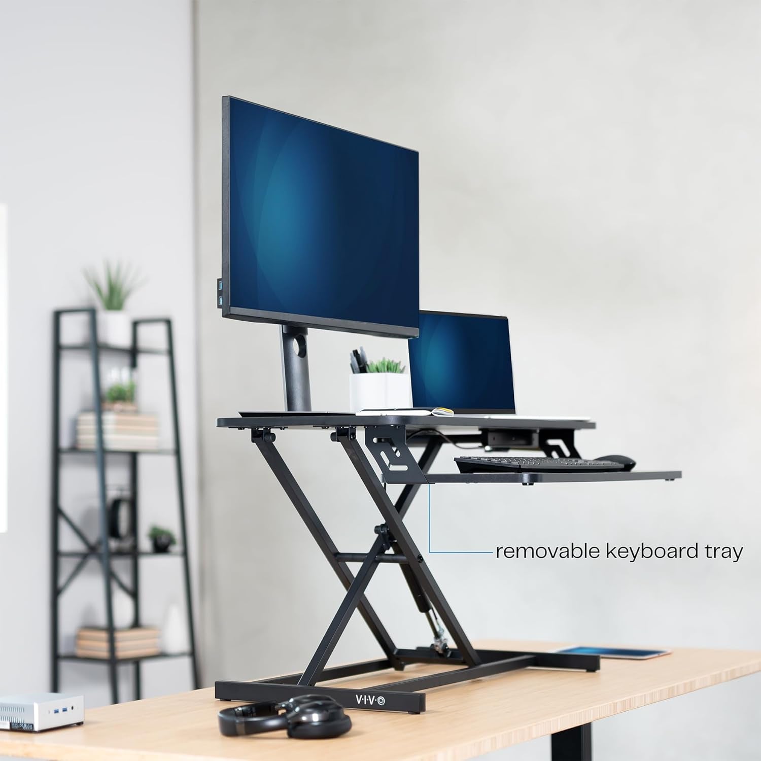 Height Adjustable 32 Inch Stand up Desk Converter, Quick Sit to Stand Tabletop Dual Monitor Riser Workstation, Black, DESK-V000S