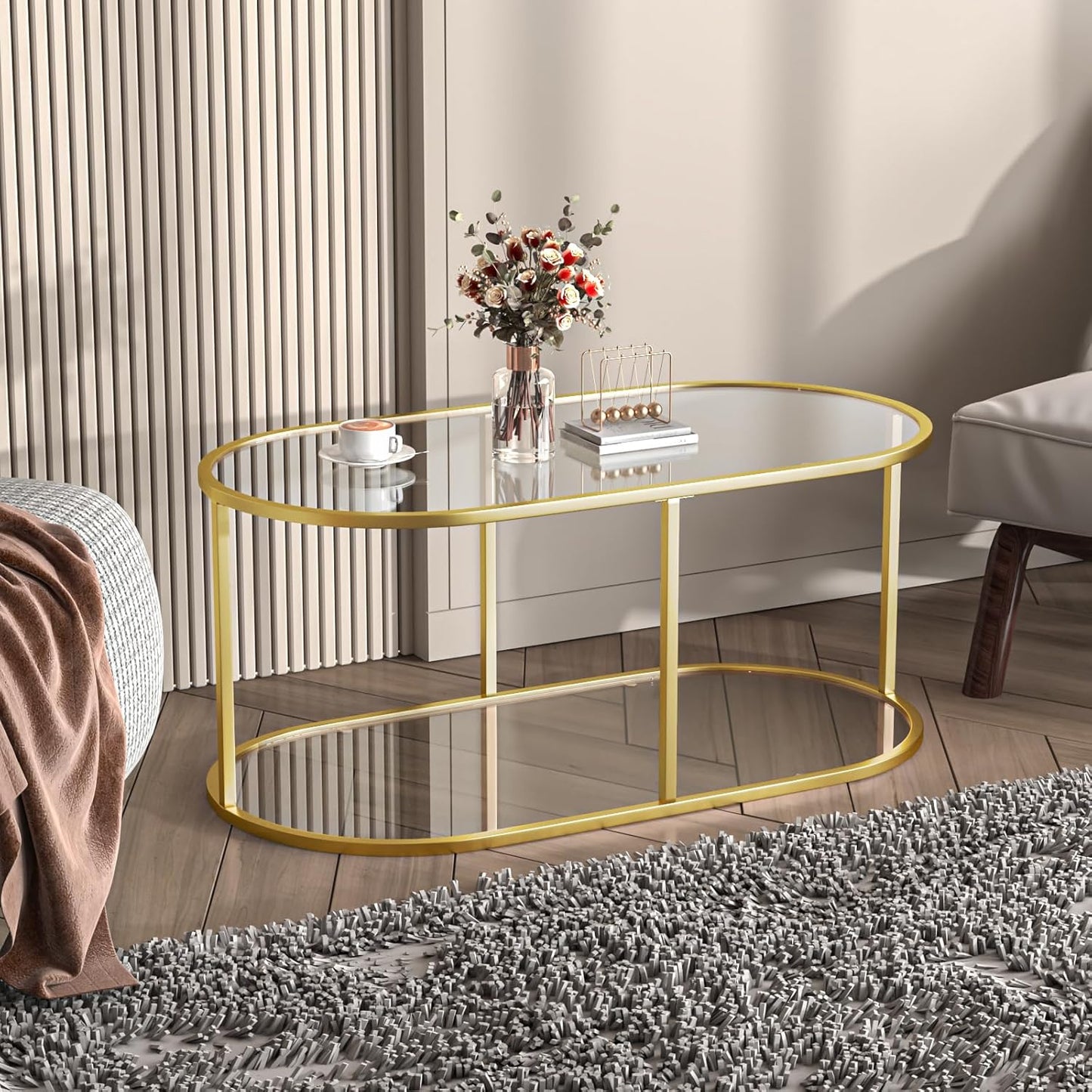 Coffee Table Gold Glass Coffee Table for Living Room,2 Tiers Oval Center Table with Sturdy Metal Frame,Modern Tempered Glass Accent Table for Bedroom Home Office