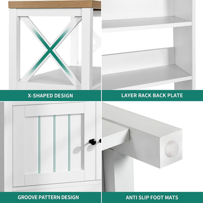 White Microwave Stand Bakers Rack Cabinet, Farmhouse Freestanding Small Kitchen Pantry Hutch Tall W Door Power Outlet Thickened Counter, Coffee Bar Storage Shelves