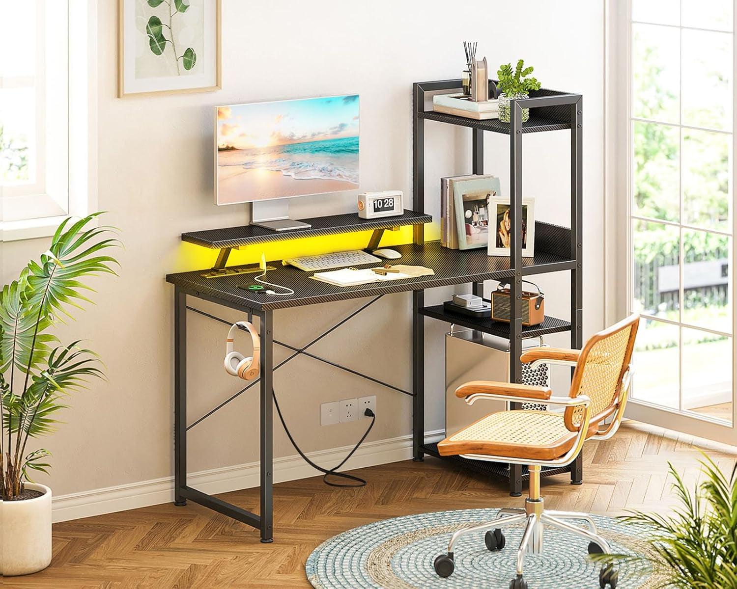 Reversible Gaming Desk LED Lights, 40 Inch Computer Desk with Storage Shelves & Monitor Stand, Study Table for Home Office, Small Space Bedroom, Carbon Fiber Black