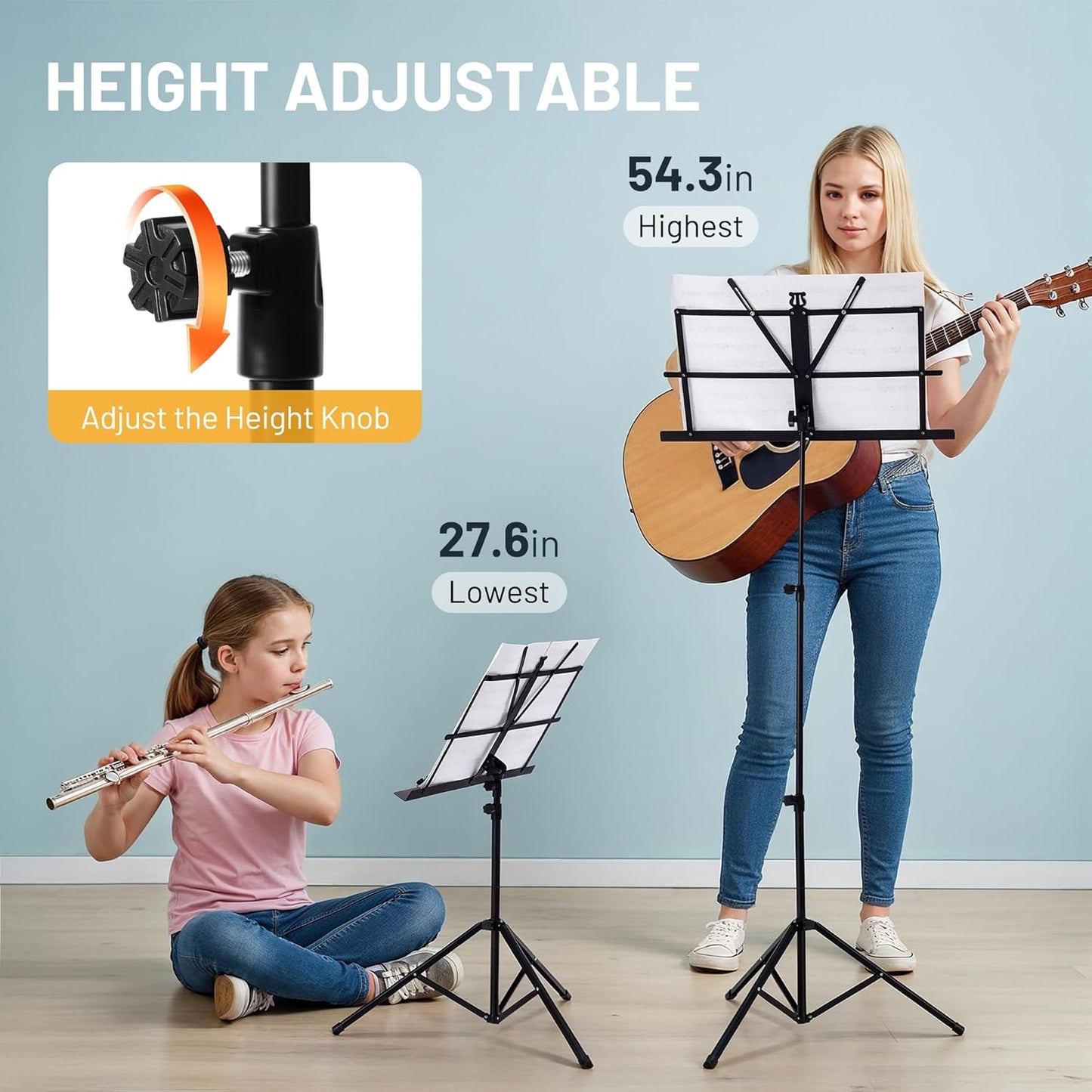 Portable Sheet Music Stand: Dual Use Desktop Book Holder Folding Lightweight Extra Stable Reinforced with Carrying Bag and Clip for Students Musicians Height Adjustable up to 54.3" CMS0204