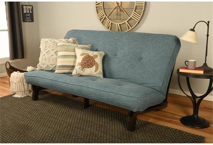 Carson Full Size Futon Frame and Mattress Set - Java Brown Finish Wood Futon Frame with Mattress Included in Linen Aqua Color