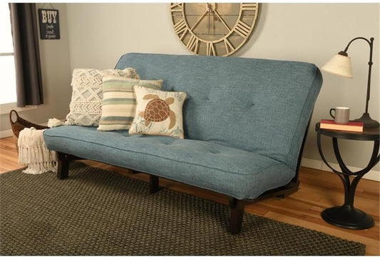 Carson Full Size Futon Frame and Mattress Set - Java Brown Finish Wood Futon Frame with Mattress Included in Linen Aqua Color