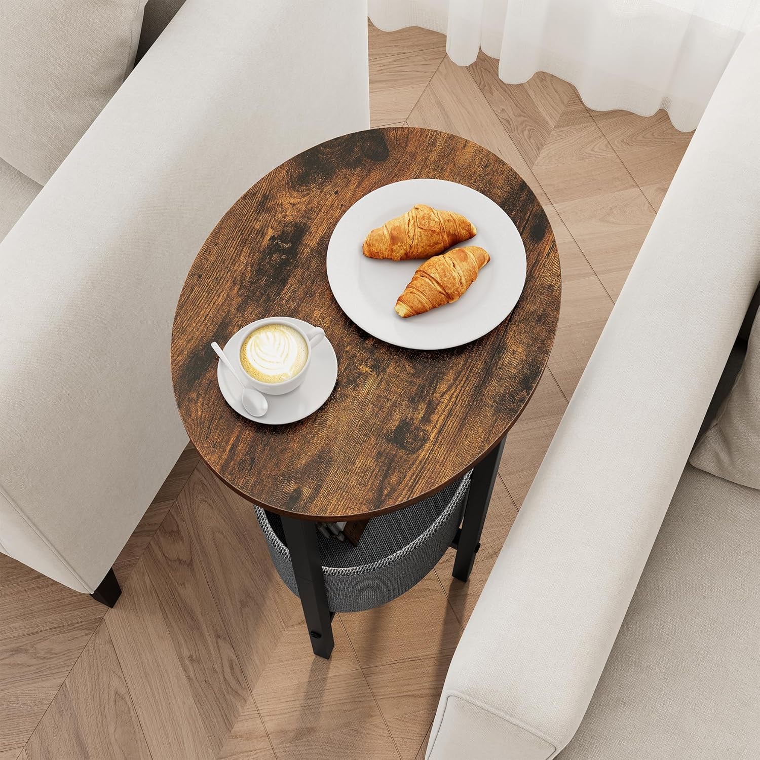 round Side Table End Table with Storage Basket, Small Side Table round Nightstand for Small Spaces, Tall Oval End Table with Steel Frame, Coffee Bedside Table for Living Room, Rustic Brown