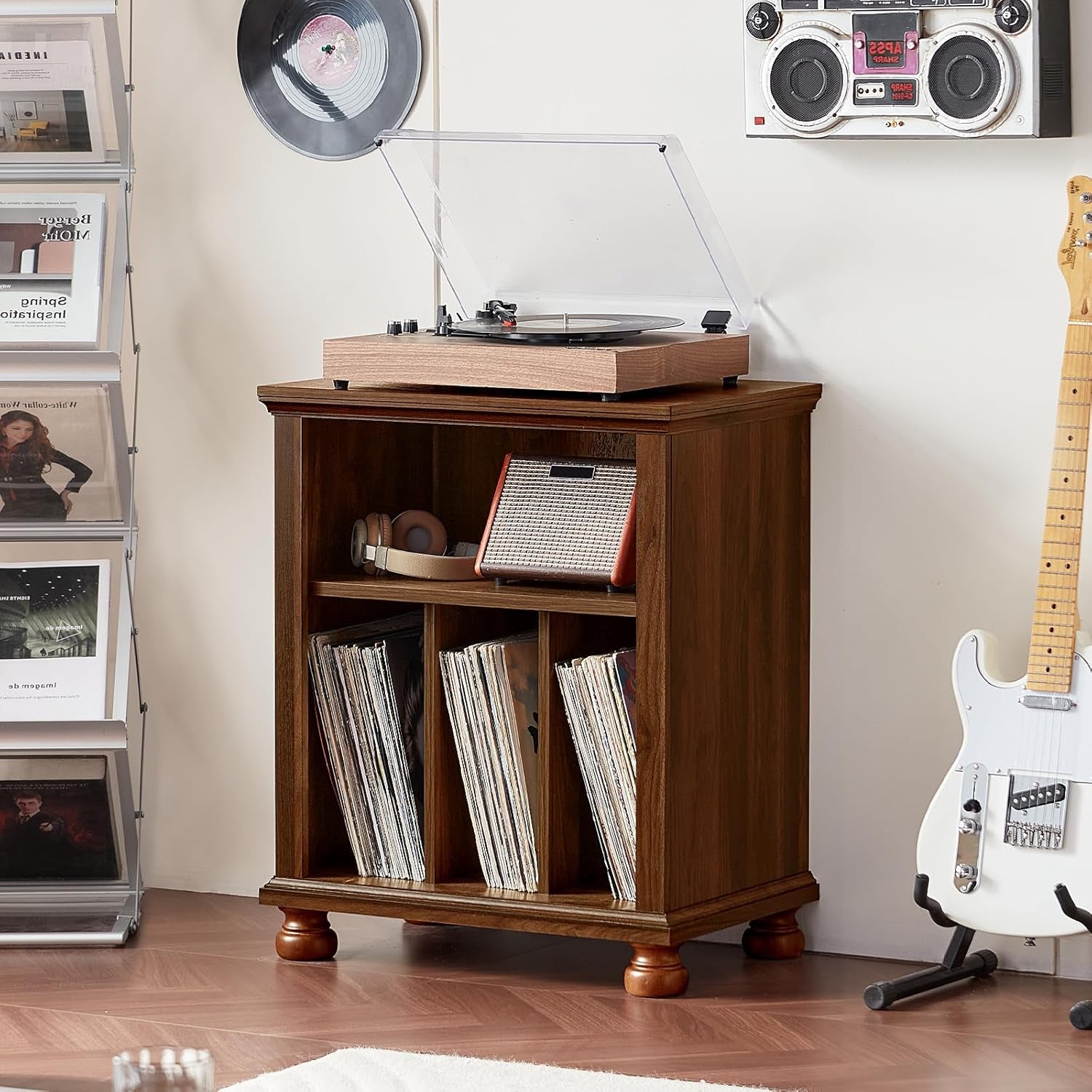 Record Player Stand with Vinyl Record Storage, 24" Wide Mid-Century Record Player Table up to 200 Albums,Large Wood Turntable Stand Cabinet Dispaly Shelf for Living Room,Bedroom,Brown
