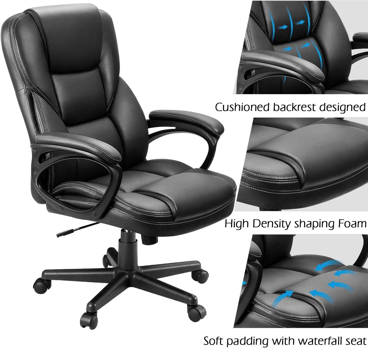 Office Executive Chair High Back Adjustable Managerial Home Desk Chair, Swivel Computer PU Leather Chair with Lumbar Support (Black)