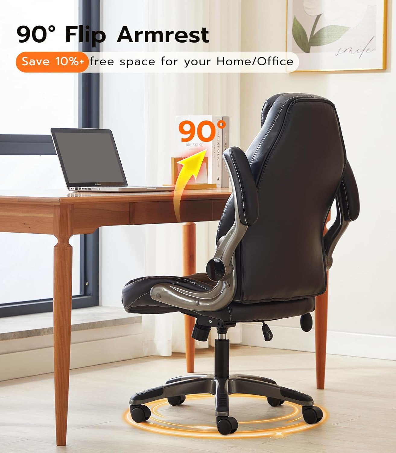Office Desk , Ergonomic Computer  with Padded Flip-Up Arms and Adjustable Lumbar Support, PU Leather Executive  with Tilt Lock and 360° Swivel Rolling Wheels for Work, Study