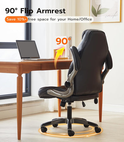 Office Desk , Ergonomic Computer  with Padded Flip-Up Arms and Adjustable Lumbar Support, PU Leather Executive  with Tilt Lock and 360° Swivel Rolling Wheels for Work, Study