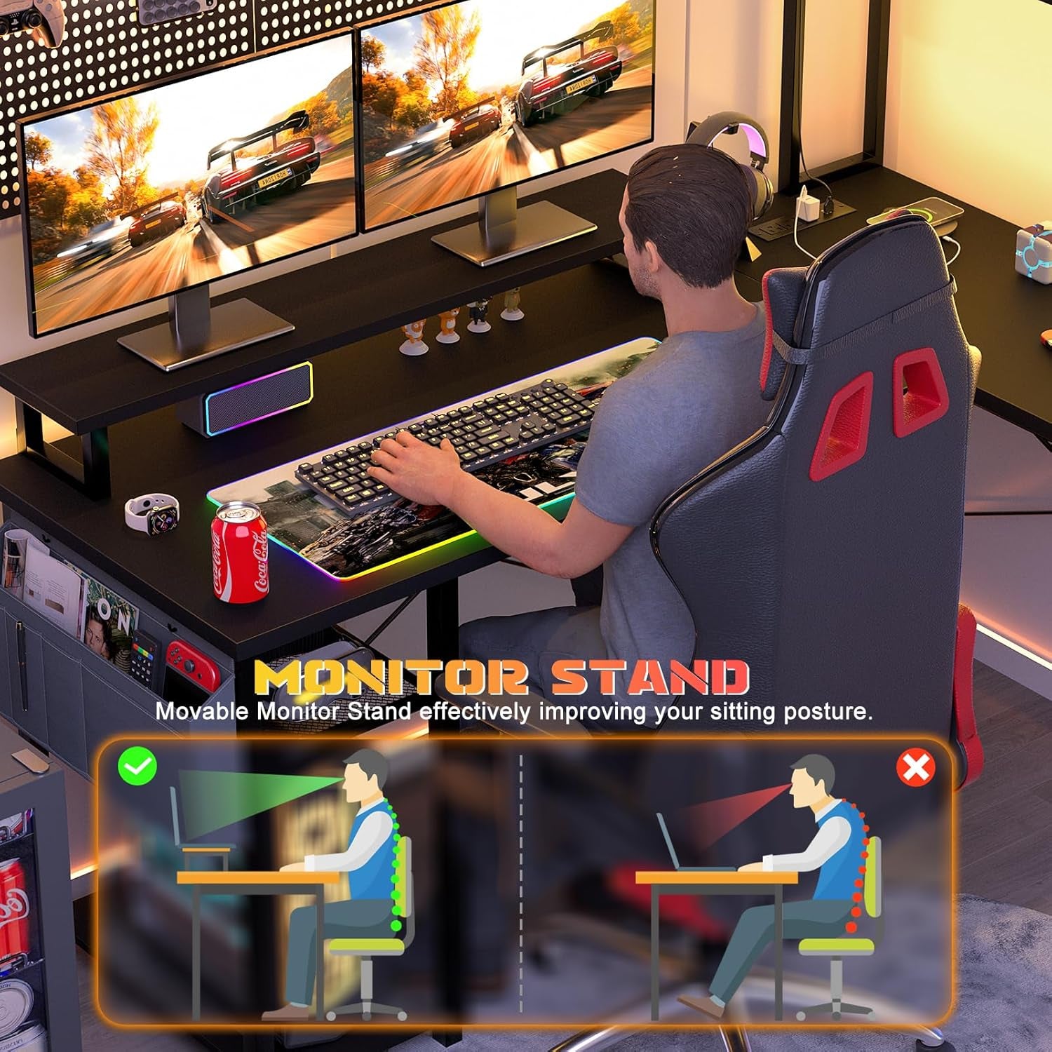 Small L Shaped Gaming Desk with LED Lights & Power Outlets, Reversible L-Shaped Computer Desk with Monitor Stand & Storage Shelf, Corner Desks Home Office Desk with Storage Bag, Black