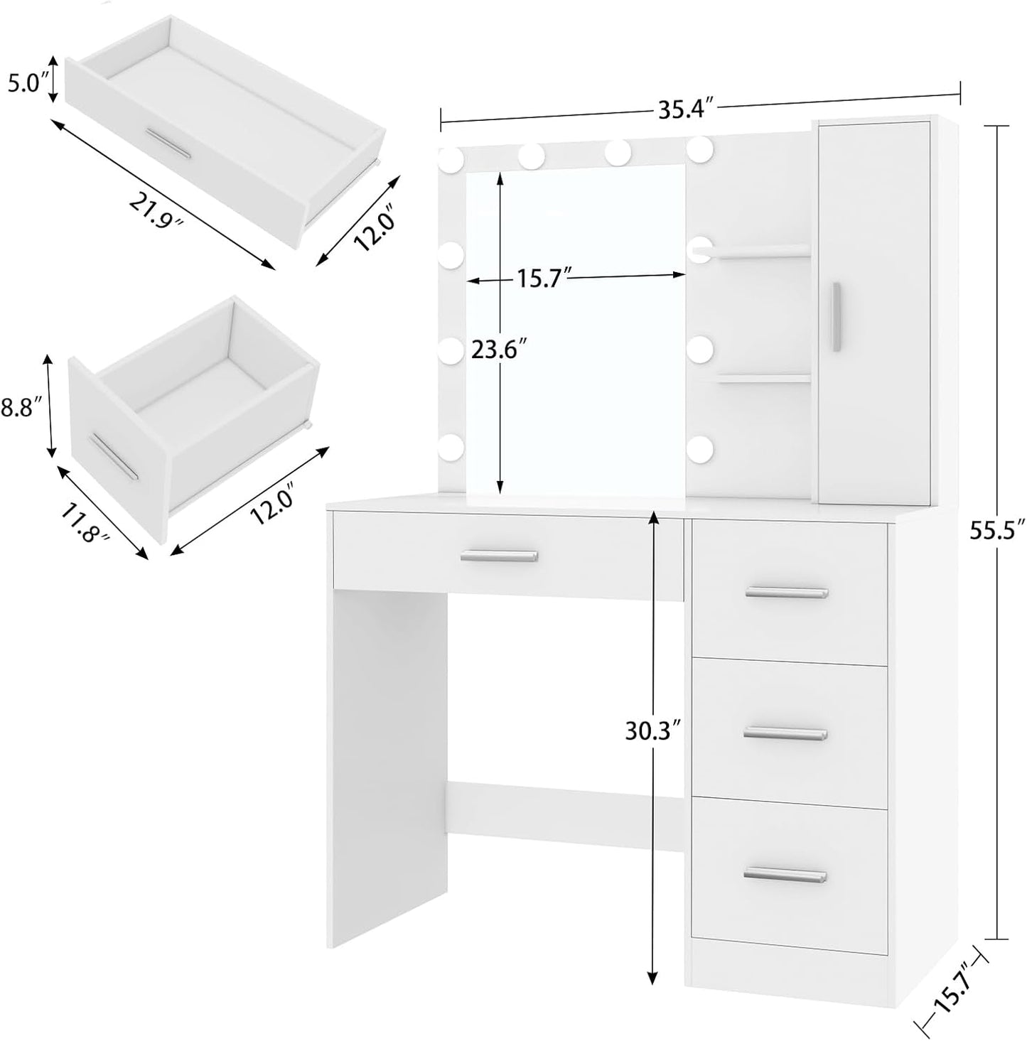 Makeup Vanity with Lights, Vanity Desk with Mirror and 10 LED Lights, Vanity Table Set with 4 Drawers, Cabinet & 4 Necklace Hooks, Dressing Table for Bedroom, White