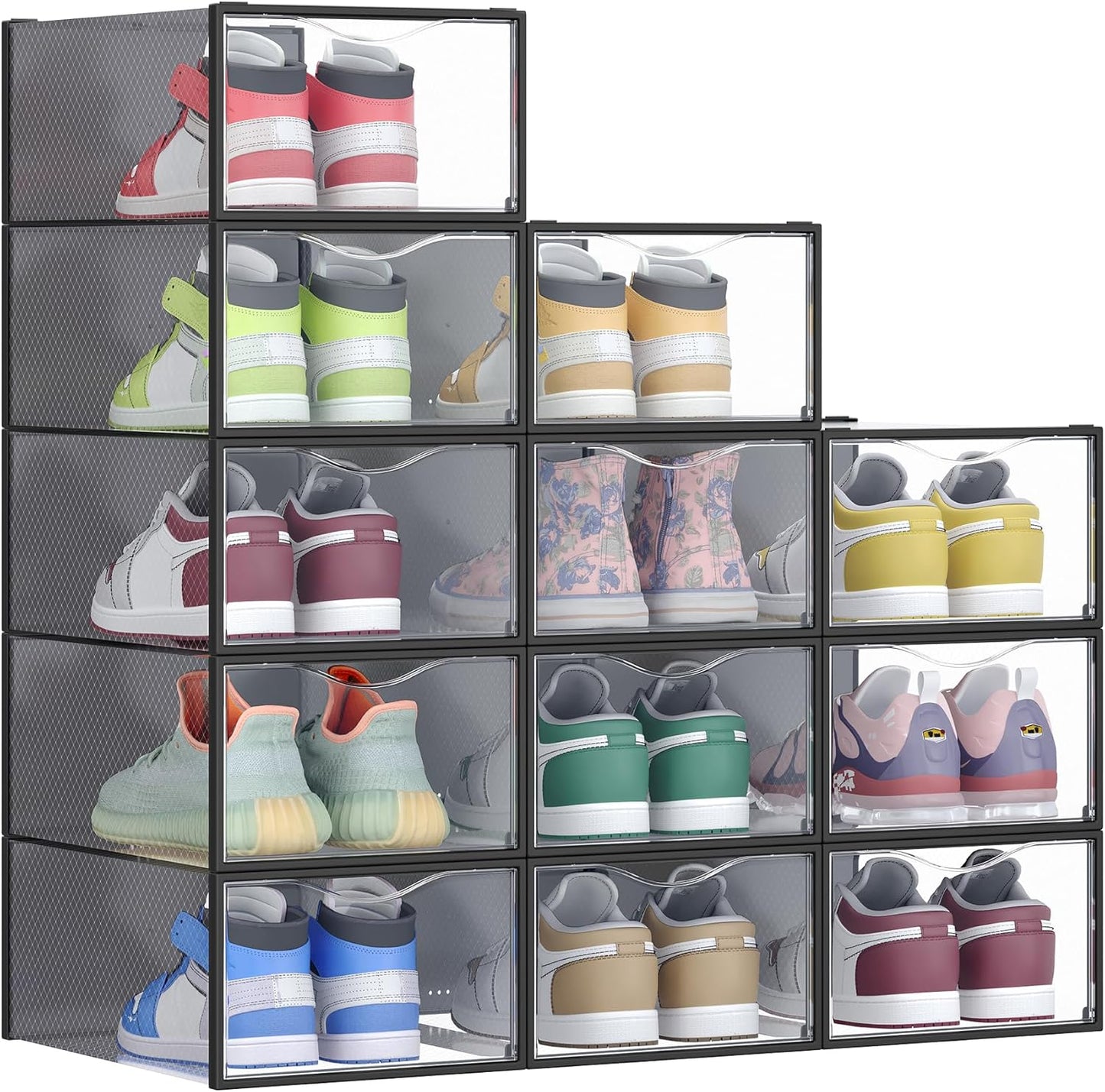 Stackable Shoe Boxes, Set of 12 Plastic Shoe Organizers with Door, Transparent, Easy Assembly, 9.1 X 13.1 X 5.6 Inches, for Shoes up to US Size 10, Transparent and Cloud White ULSP312W01