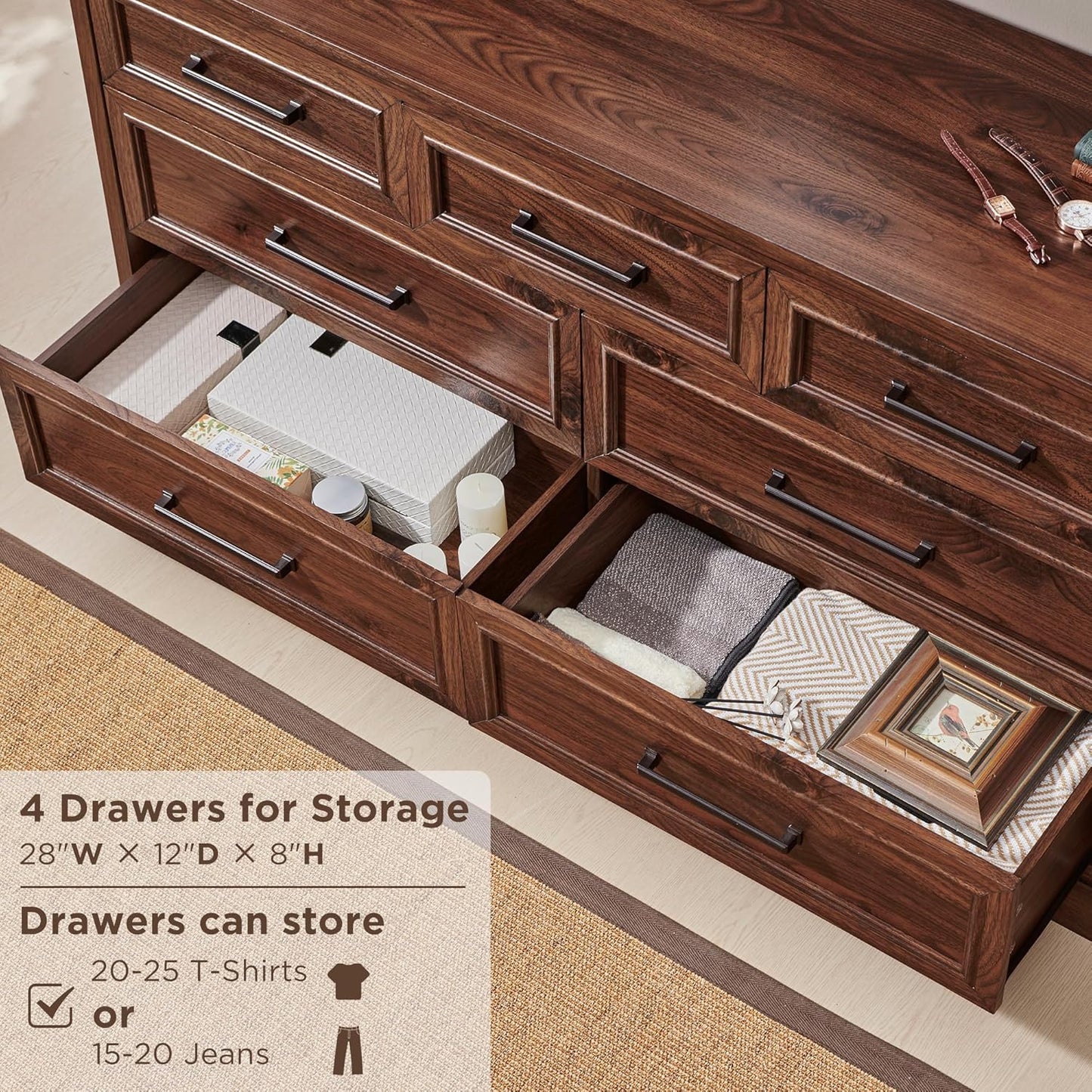 7 Drawer Dresser, Farmhouse Chest of Drawers for Bedroom, 52" Wide Dresser TV Stand with Large Metal Handles, Wood Drawer Organizer for Living Room, Hallway - Brown