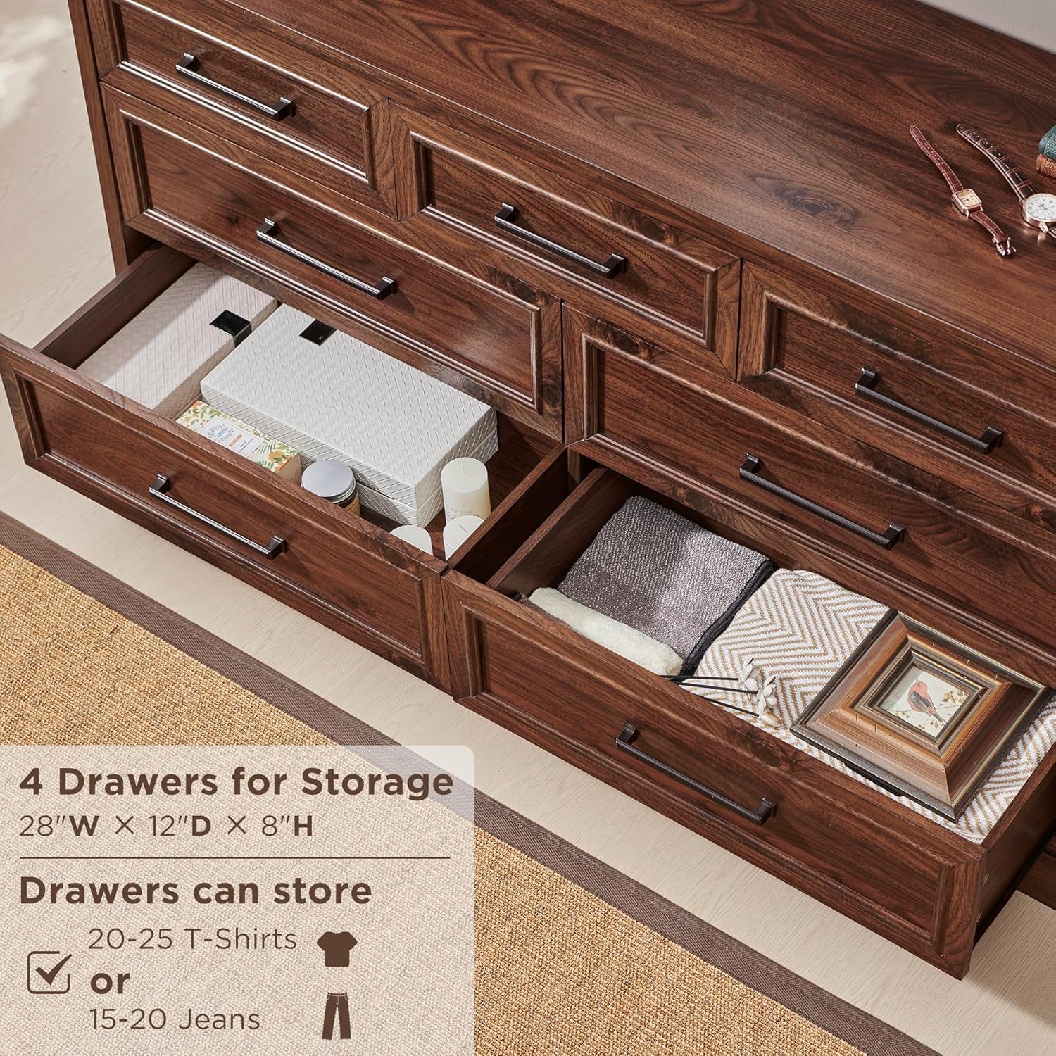 7 Drawer Dresser, Farmhouse Chest of Drawers for Bedroom, 52" Wide Dresser TV Stand with Large Metal Handles, Wood Drawer Organizer for Living Room, Hallway - Brown