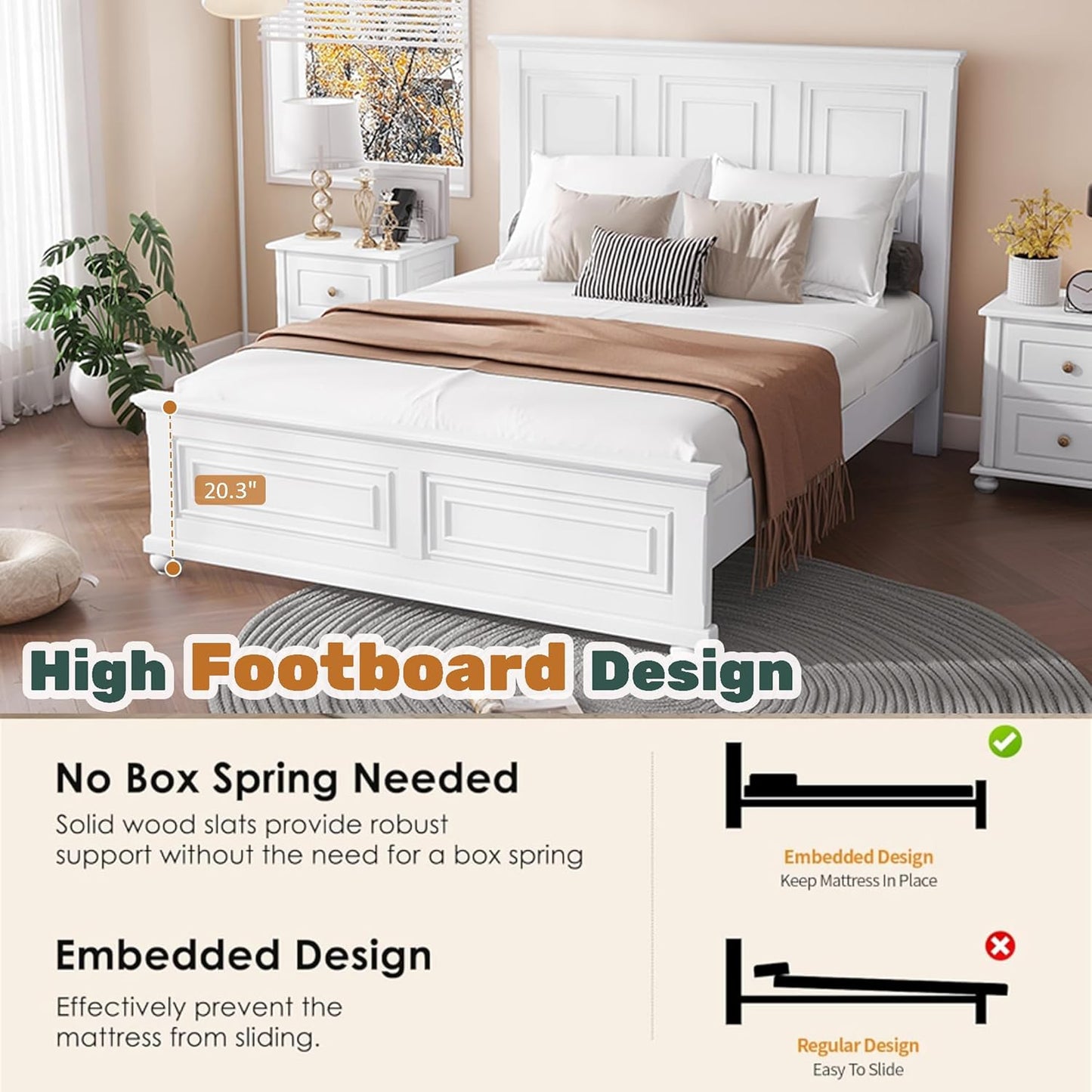 Farmhouse Queen Bed Frame with Tall Headboard and Footboard, Pinewood Panel Bed Frame Queen with under Bed Storage, Noise-Free, No Box Spring Needed, Traditional Style, White