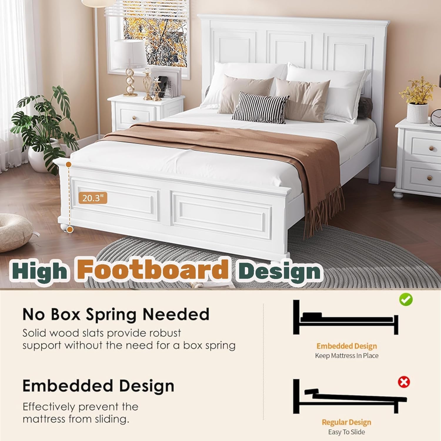 Farmhouse Queen Bed Frame with Tall Headboard and Footboard, Pinewood Panel Bed Frame Queen with under Bed Storage, Noise-Free, No Box Spring Needed, Traditional Style, White