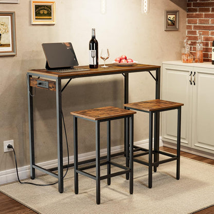 Bar Table and Chairs Set, 47.2" Dining Table Set with Power Outlet, 3-Piece Pub Table Set, Kitchen Bar Height Table with Stools of 2, Space Saving for Living Room, Rustic Brown BF46UBT01