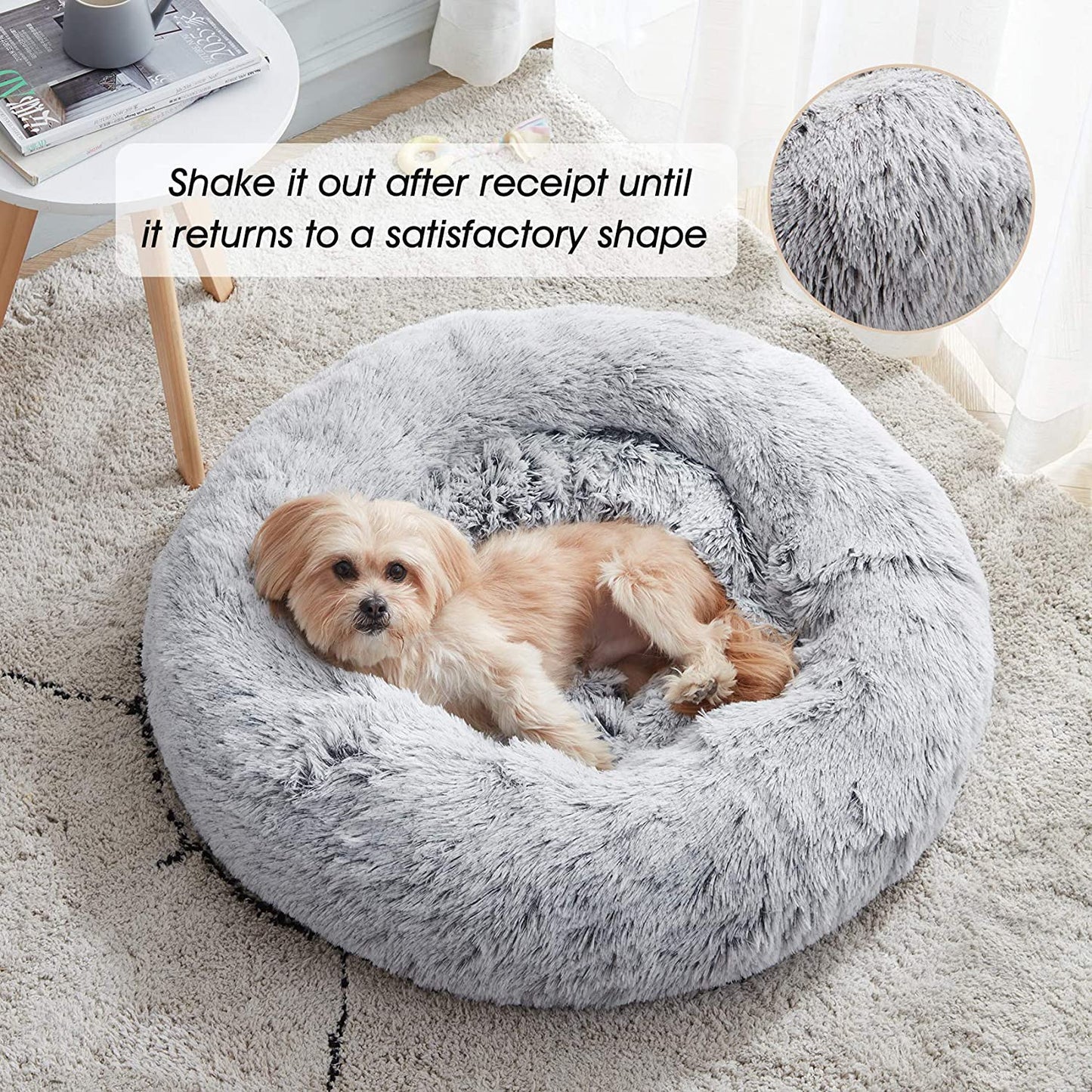 Calming Dog & Cat Bed, round Soft Anti-Anxiety Donut Cuddler Warming Cozy Fluffy Faux Fur Plush Cushion Bed for Small Medium Dogs and Cats (20"/24"/27"/30"), Light Grey