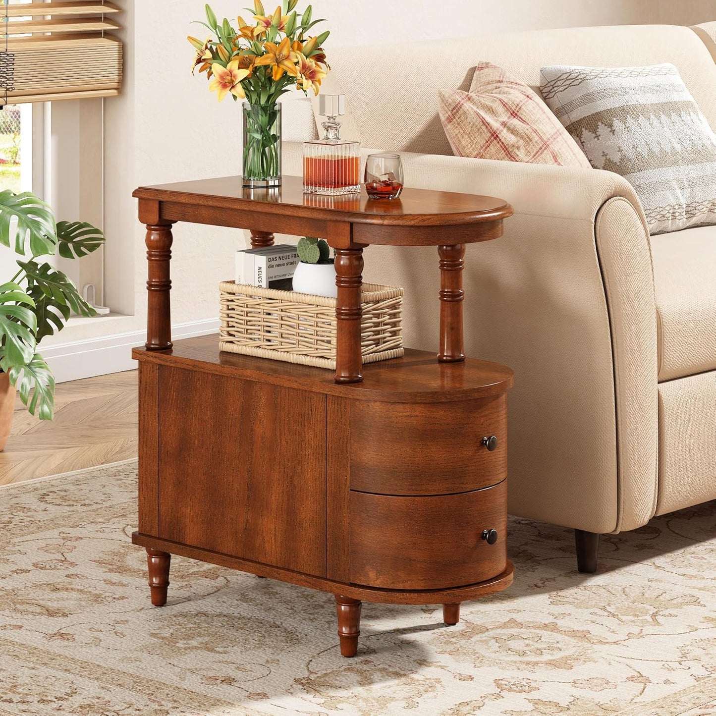 Solid Wood End Table with 2 Drawers, Narrow Sofa Side Table Slim Chair Side Table with Storage Shelf, Vintage Slim Nightstand Bedside Table, Beewax Tone，Bg-A508-Mg