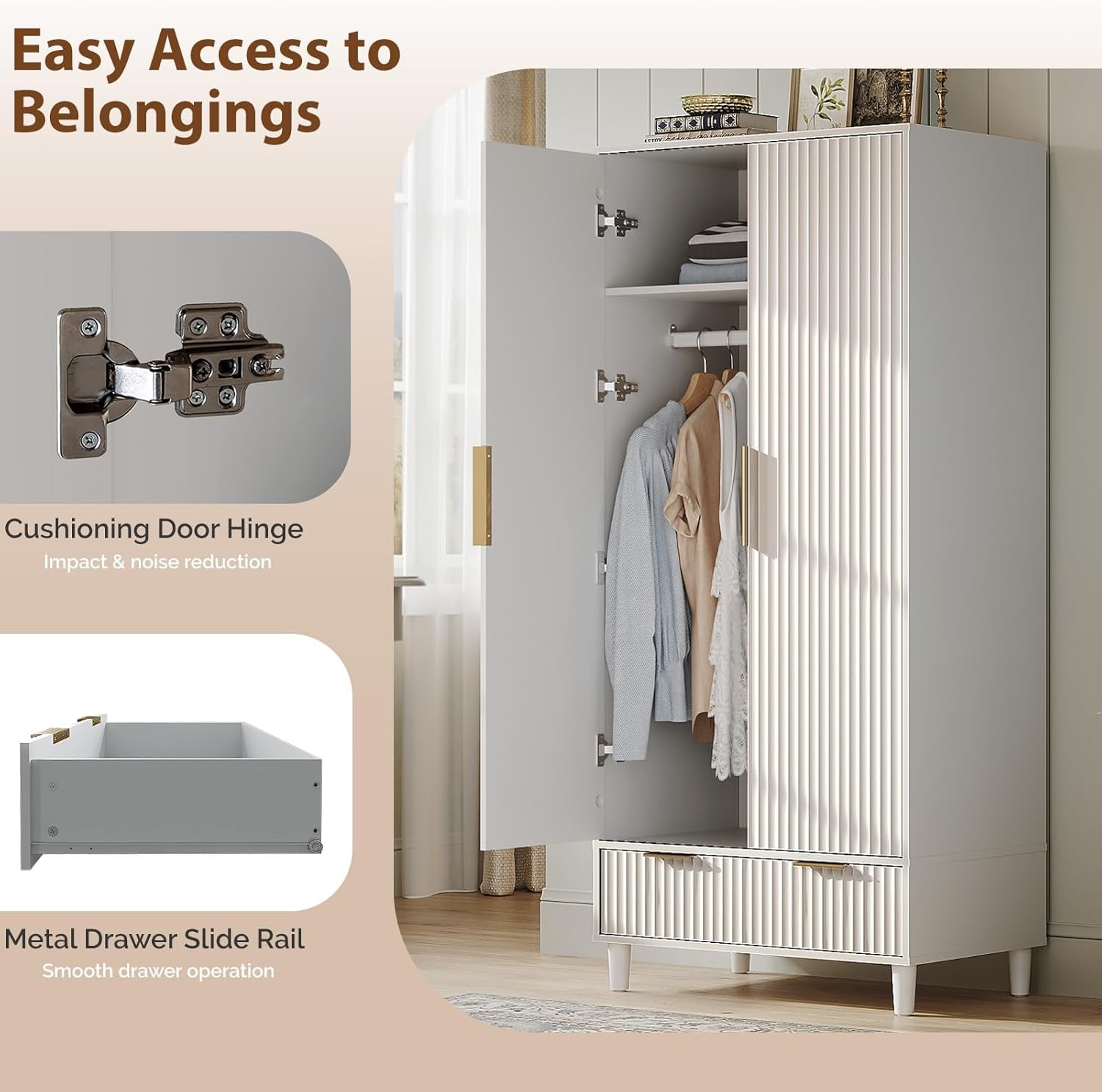 Fluted Wardrobe Closet Armoire with Doors and Drawers, White Wardrobe Cabinet with Hanging Rack, Bedroom Closet Wood, Free Standing Armoire with Shelf and Solid Wood Legs, 31.5"W*19.7"D*69.3"H