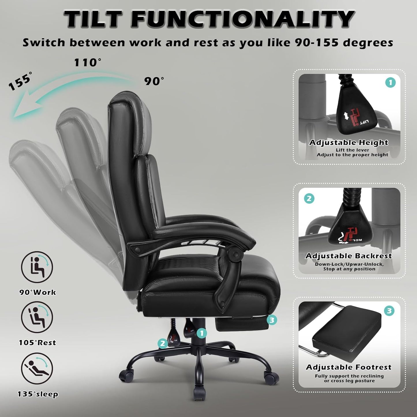 400Lbs Executive Office Chair with Foot Rest, Heavy Duty Big and Tall Desk Chair, Ergonomic High Back PU Leather Computer Chairs (Black)