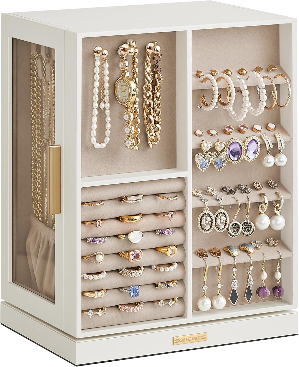 Jewelry Box 360° Rotating, Jewelry Storage Case with 5 Drawers, Jewelry Organizer, Glass Window, Spacious, Vertical Jewelry Storage, Open Design, Great Gift, Cloud White UJBC170W01