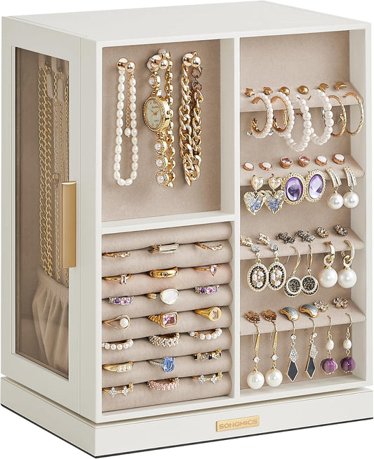 Jewelry Box 360° Rotating, Jewelry Storage Case with 5 Drawers, Jewelry Organizer, Glass Window, Spacious, Vertical Jewelry Storage, Open Design, Great Gift, Cloud White UJBC170W01