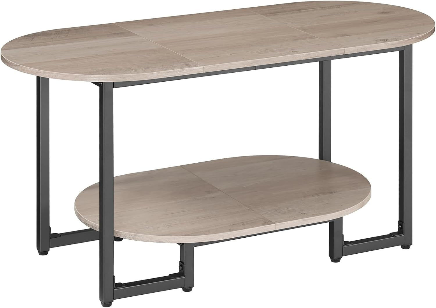 Coffee Table for Living Room, Oval Small Coffee Table with 2-Tier Open Storage Shelf, Industrial Cocktail Tea Table, Wooden Desktop Center Table, Farmhouse, Home Office, Greige BG09KF01