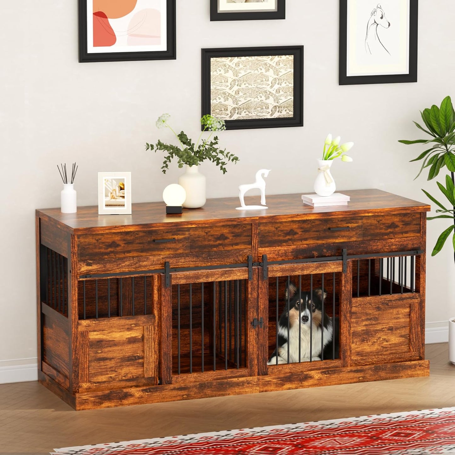 Large Dog Crate Furniture for 2 Dogs 71 Inches Decorative Indoor Dog Kennel Furniture with 2 Drawers XXL Heavy Duty Dog Crates Cage Furniture with Removable Divider and Sliding Doors Brown