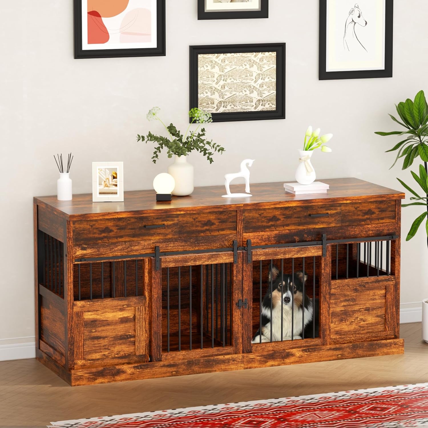 71 Inches Extra Large Dog Crate Furniture Indoor Wooden Dog Kennel Furniture Heavy Duty Dog Crates TV Stand with Removable Divider for 2 Large Medium Small Dogs Black