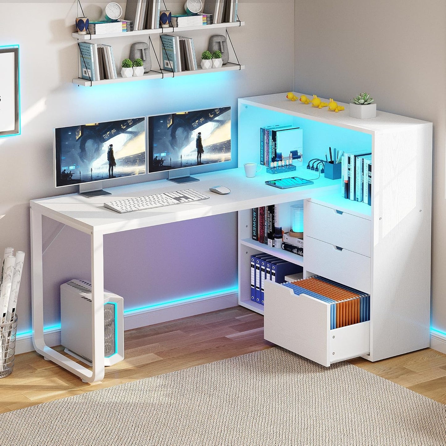 L Shaped Desk with Power Outlets, 55" Computer Desk with Drawers & Bookshelf, Home Office Desk with LED Lights, Corner Desk with File Cabinet, White