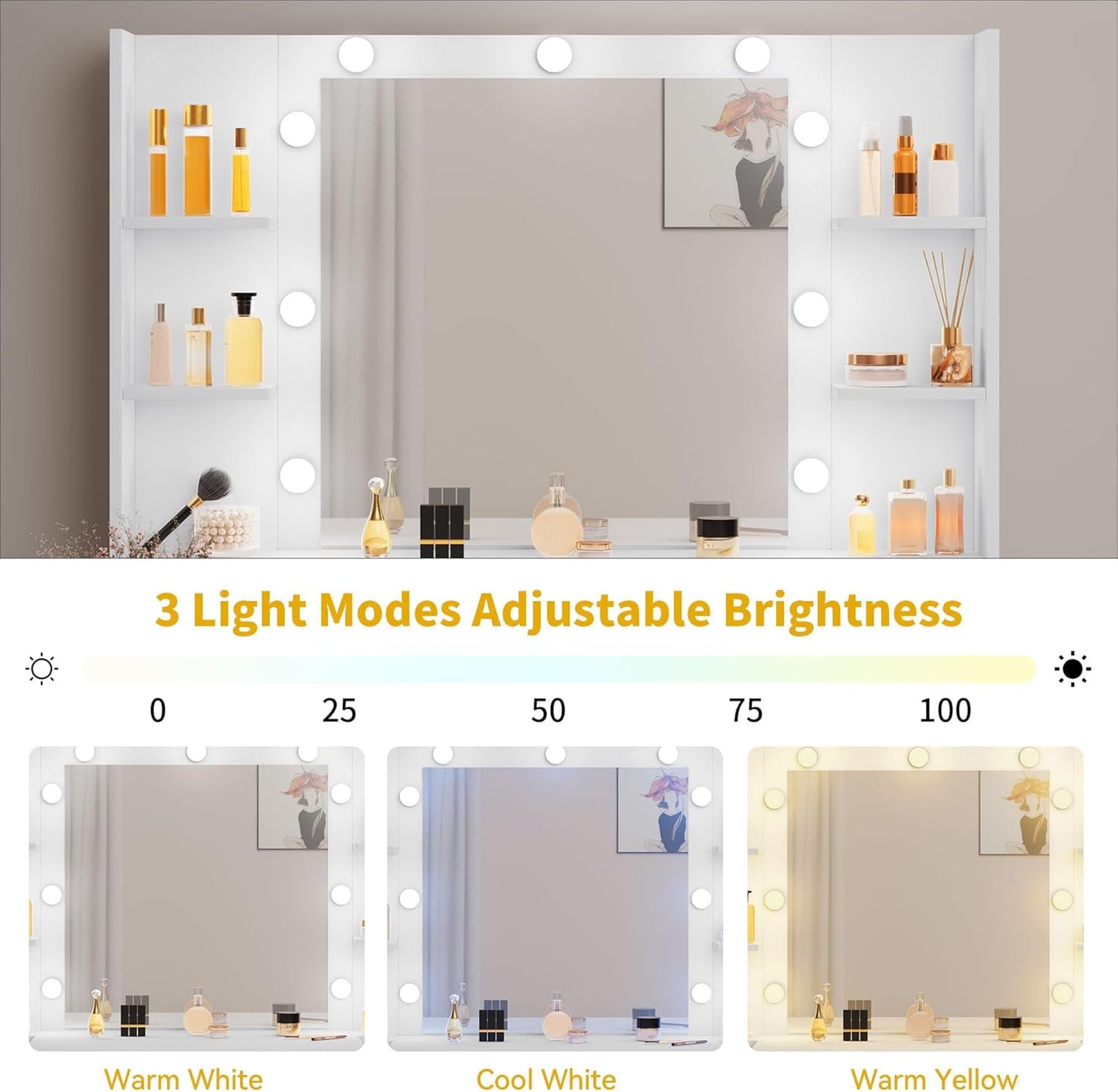 Makeup Vanity Set with Mirror & 3-Mode Lights, Vanity Desk with Storage Stool, Power Outlet, Shelves, Drawers & Hair Tool Holder, Dressing Table for Apartment Dorm Guest Room, White