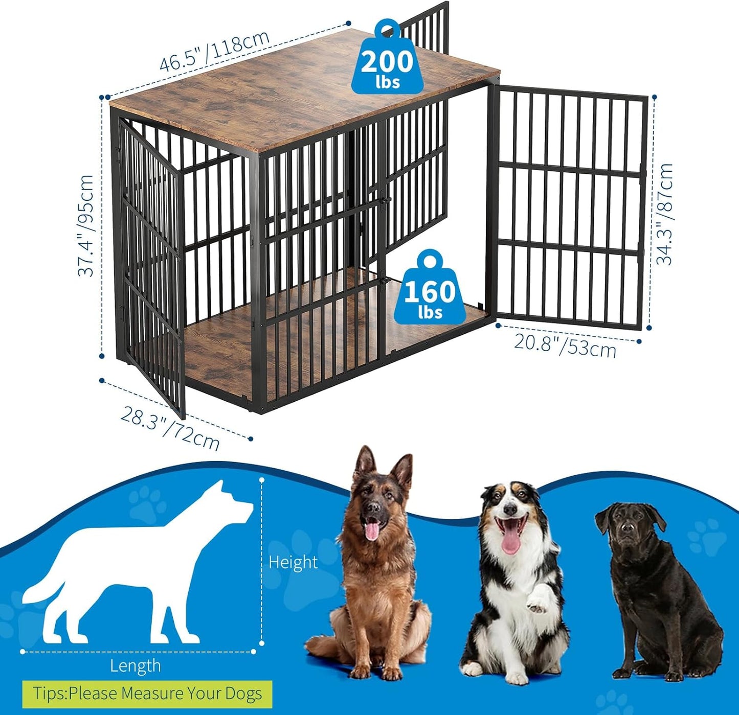 48'' Dog Crate Furniture with 3 Lockable Doors, 3-In-1 Dog Kennel with Heavy Duty Metal Frame & Wooden Panels, XXL Crate End Table for Medium to Large Breeds, Brown & Black