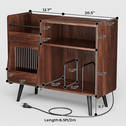 Large Record Player Stand with Sliding Door,350 Vinyl Record Storage Cabinet, Record Player Table with Power Outlet and LED Light,Turntable Stand with Wood Legs for Living Room,Office