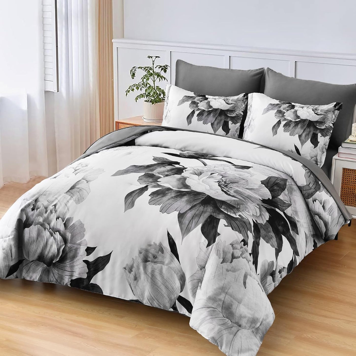 Grey Queen Comforter Set 7 Piece Bed in a Bag, Gray Floral Printed on White Comforter Set with Sheets, Soft Microfiber Botanical Farmhouse Bedding Set for All Season
