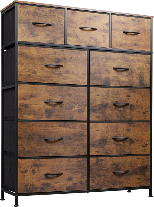 Storage Organizer Unit with 11 Fabric Bins, Storage Drawers Organizer with Steel Frame, Tall Storage Tower Organizaton for Living Room, Hallway, Office, Rustic Brown