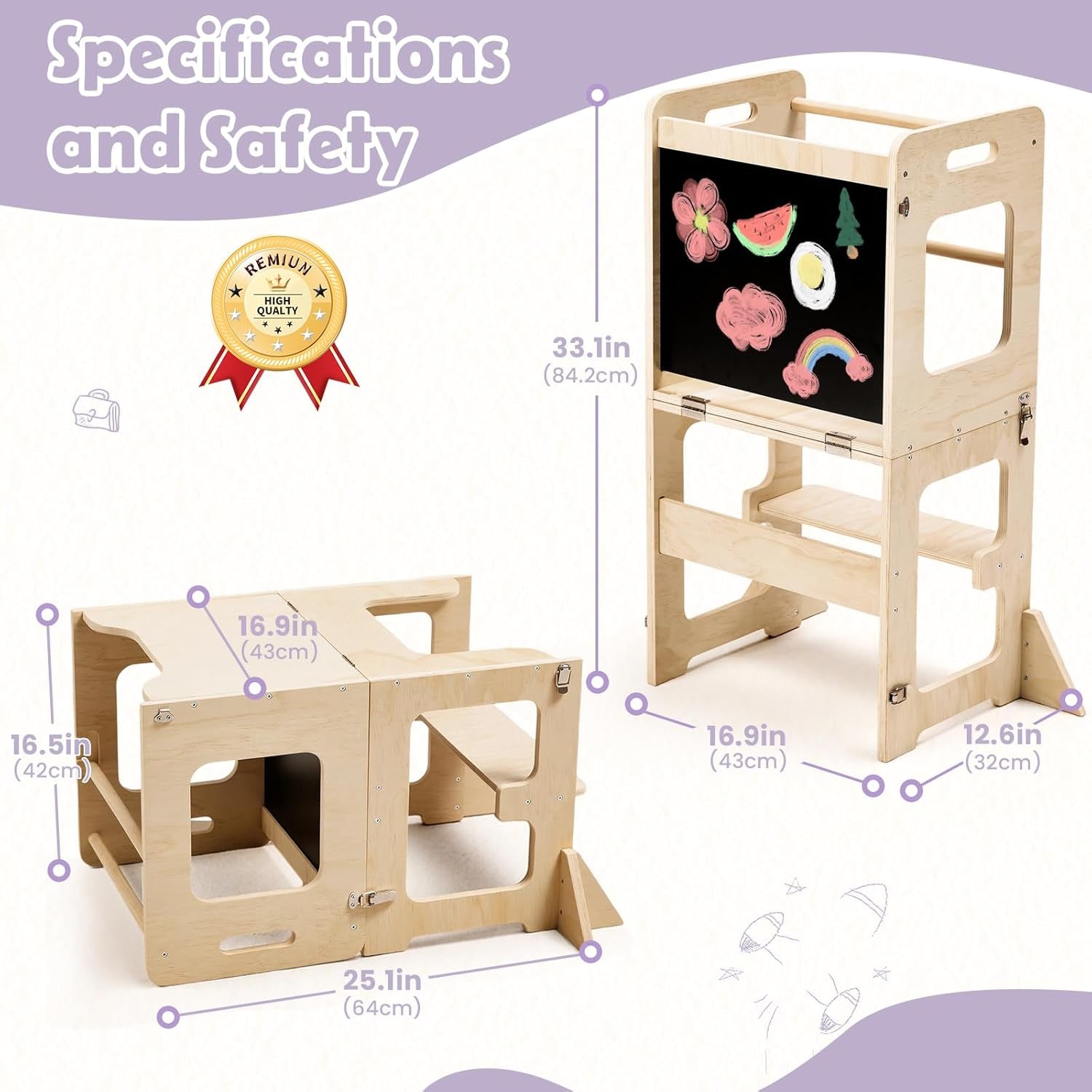 Toddler Standing Tower for 12M+, Montessori Foldable Learning Standing Tower with Blackboard, Anti-Tip Structure Design,Wooden Kitchen Step Helper Stool for 1-3 Year Old Boy Girl Gift