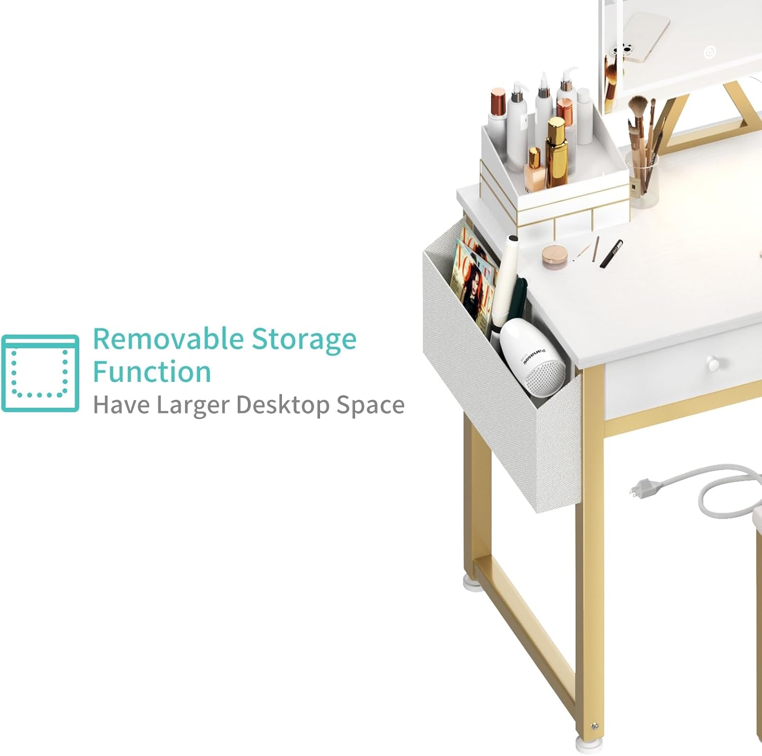 Small Makeup Vanity Desk with Mirror and Light, 32 Inch White Vanity Desks Sets with Fabric Drawers for Girls Teen, Dressing Table and Chair Set with Power Outlet for Bedroom, White Gold