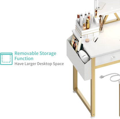 Small Makeup Vanity Desk with Mirror and Light, 32 Inch White Vanity Desks Sets with Fabric Drawers for Girls Teen, Dressing Table and Chair Set with Power Outlet for Bedroom, White Gold