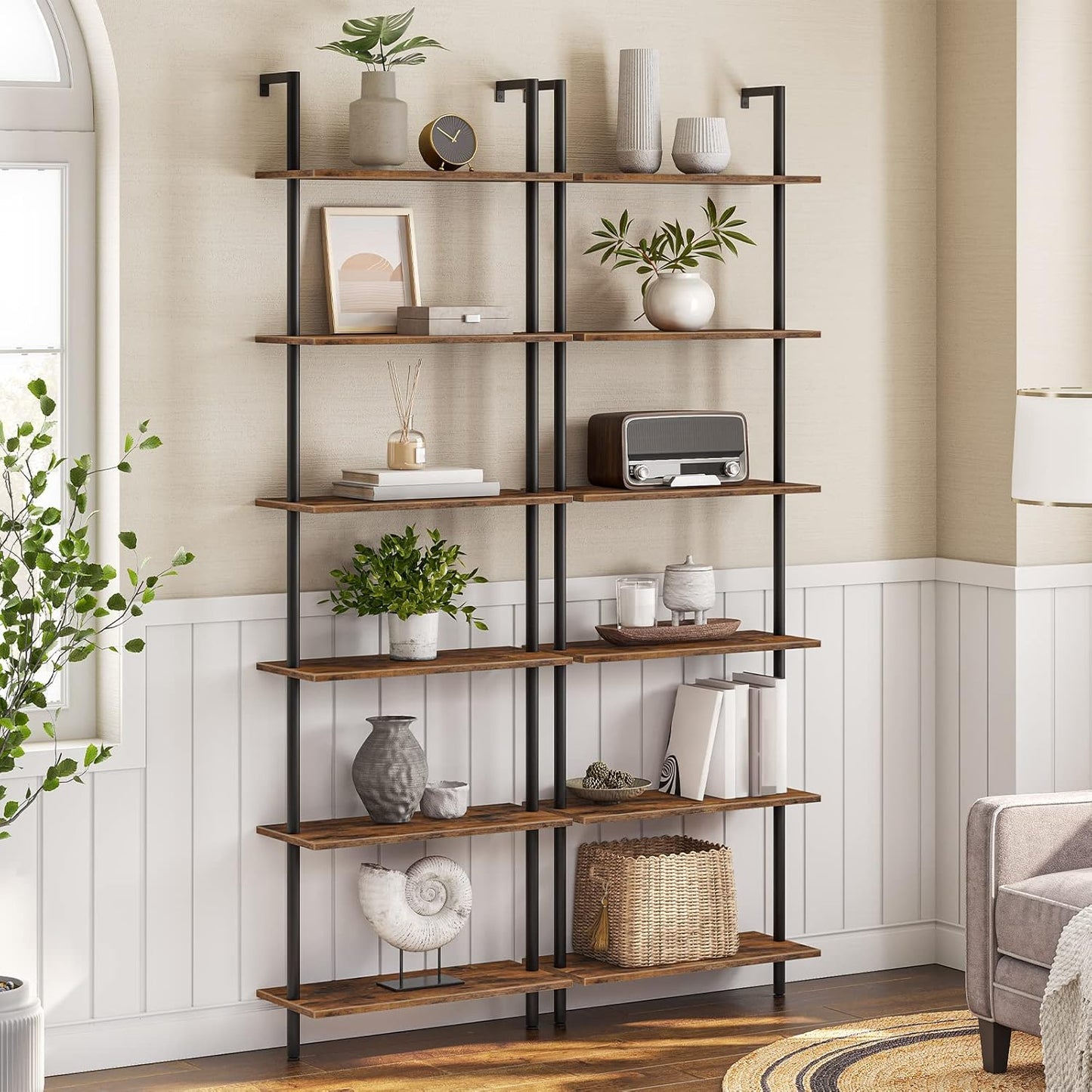 DIY Ladder Shelf, 6-Tier Wall Mounted Bookshelf, Office Vertical Bookcase, Wooden Storage Shelves for Home Office, Bedroom, Rustic Brown and Black BF65CJ01