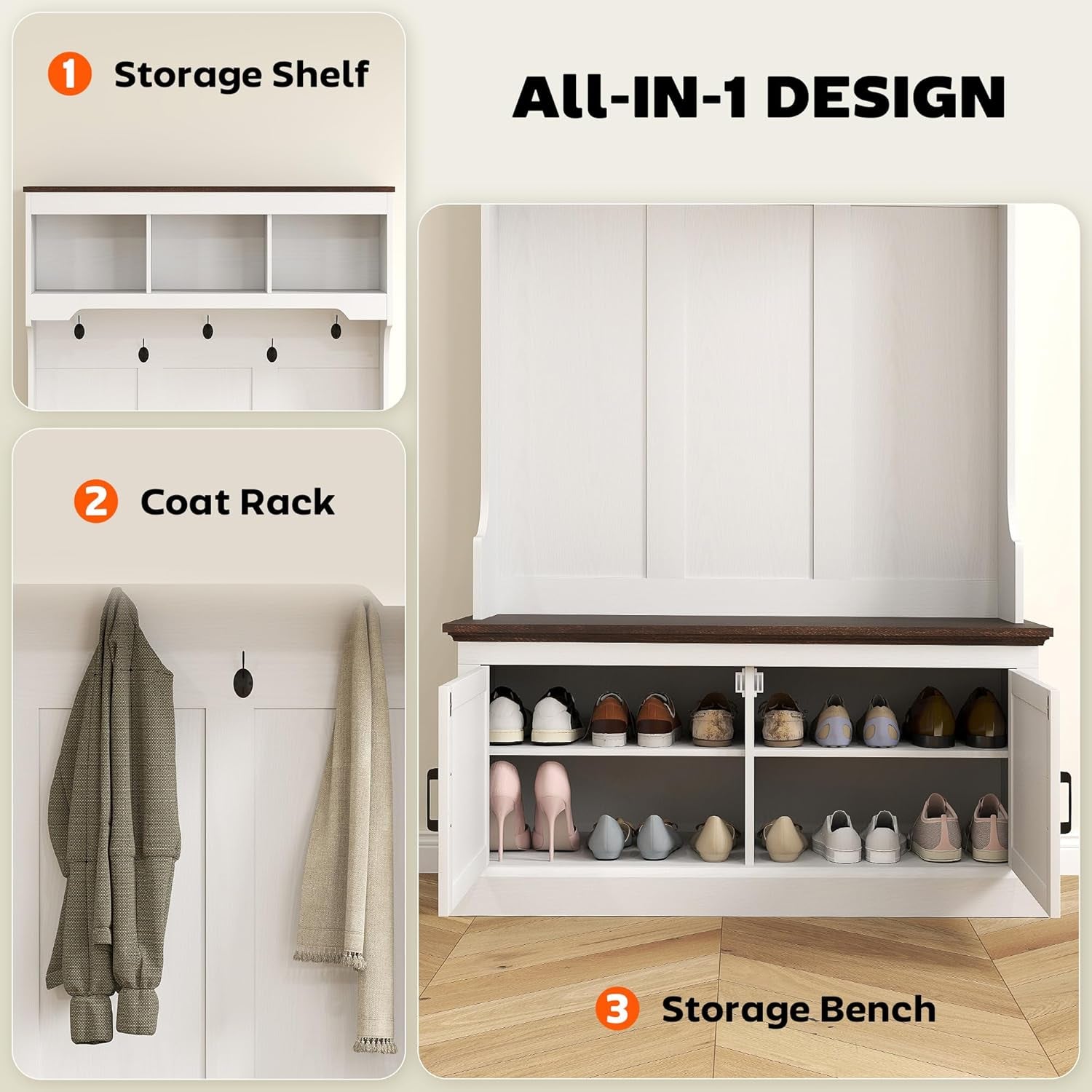 3-In-1 Hall Tree with Shoe Storage, Standing Coat Rack with Shoe Bench, Entryway Furniture with Five Hooks, White Wood Grain