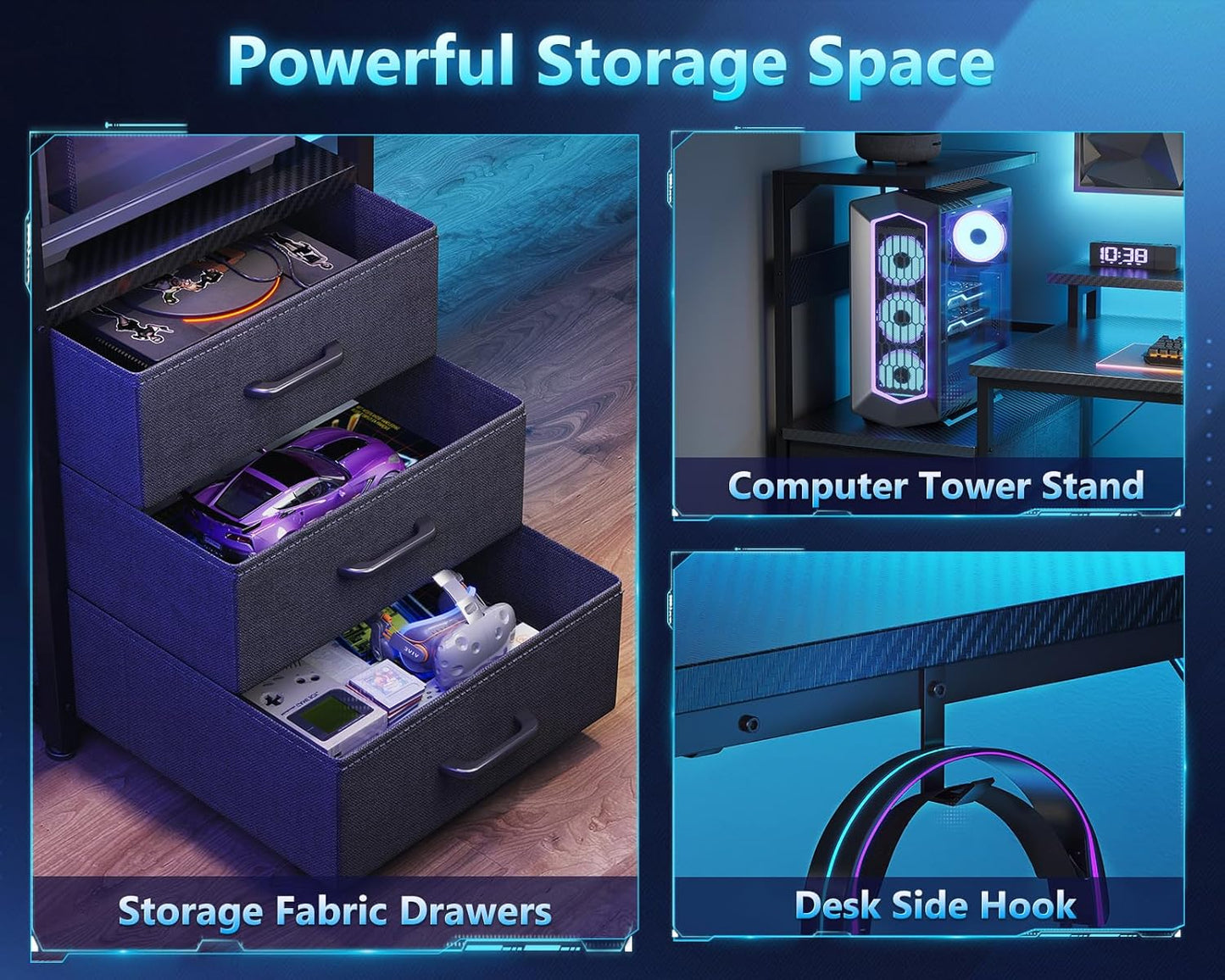 59 Inch Gaming Desk with USB Charging Ports & LED Light - Reversible Computer Desk with 3 Fabric Drawers, Monitor Stand, CPU Stand, and Side Hook, Modern Office Desk, Black