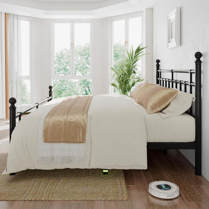 King Metal Bed Frame with Vintage Headboard and Footboard, Farmhouse King Size Bed Frame, under Bed Storage, No Box Spring Needed, Noise-Free, Black