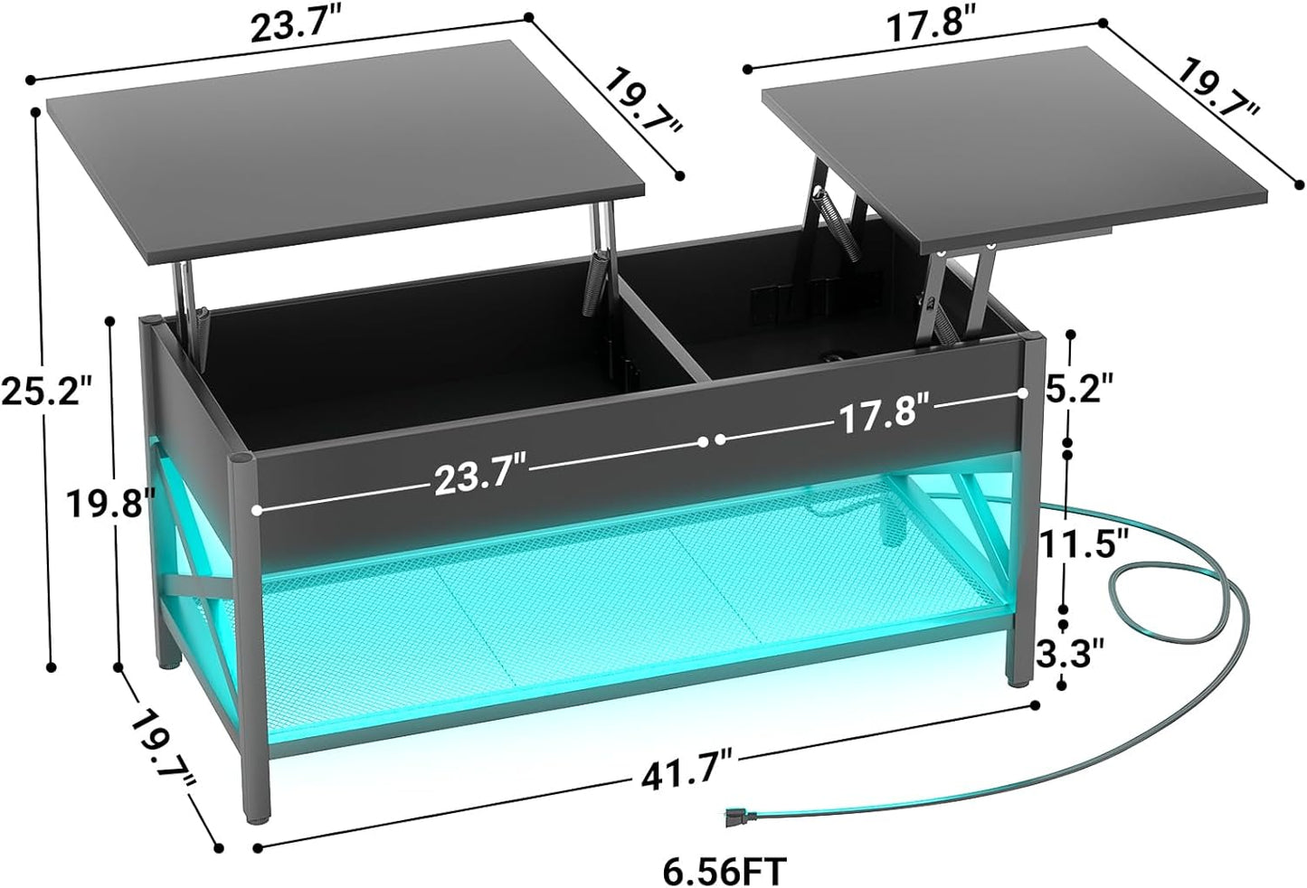 Black Lift-Top Coffee Table with LED Light, Power Outlets and Storage Shelf, 41.7"W X 19.69"L X 19.7"H