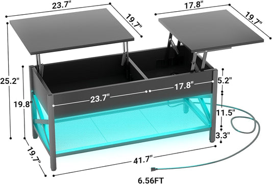 Black Lift-Top Coffee Table with LED Light, Power Outlets and Storage Shelf, 41.7"W X 19.69"L X 19.7"H